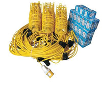 Electro-wind FKIT100MESLED 100m LED festoon kit with bulbs and guards in blue boxes.