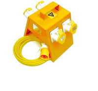 Electro-wind 4WJBC 110V metal splitter box, 4 outlets, with attached yellow coiled cable.