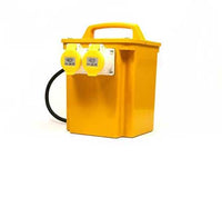Electro-wind AP15/2 1.5KVA tool transformer with 2 x 16A sockets and carry handle, yellow case.