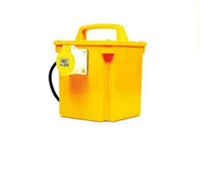 Electro-wind AP30/1 is a yellow portable tool transformer with a handle and 32A outlet on front.