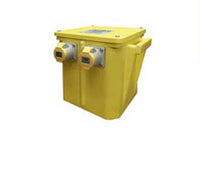 Electro-wind AP50/3 5kVA 110v yellow transformer box with 2 outlets and a hinged lid.