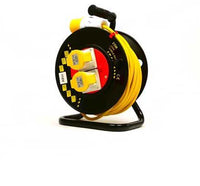 Electro-wind CRP50110: 110V 50m heavy duty reel with twin sockets on a sturdy black stand.