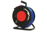 Electrowind CRP50230 230V 50m blue cable reel on black/red stand with 4 sockets, heavy duty.