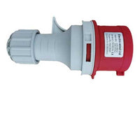 Electro-wind PL164155P 16A 415V IP44 5-pin industrial plug, red/white, with specs label.