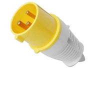 Electro-wind PL32110 32A 110V IP44 yellow/white plug, 3 pin, angled on white background.