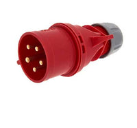 Electro-wind PL324155P 32A 415V 5Pin IP44 red plug with gray ring, isolated on white.