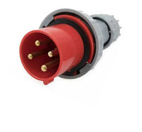 Electro-wind PL634154P Red Plug, 63A 415V 4Pin IP67, angled, on white background.