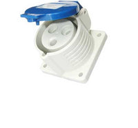 Electro-wind PM32240 32A 240V panel mount socket, 3 pin, IP44, white/blue with hinged cover.