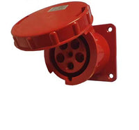 Electro-wind PM63415IP67 63A 415V 5Pin IP67 panel mount socket with hinged cover on base plate.