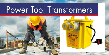 Worker using a power tool on a construction site, with a yellow power tool transformer shown.
