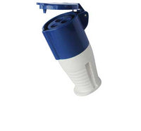Electro-wind TS16240 16A 240V IP44 3-pin socket with flip-top cover, blue and white, angled view.