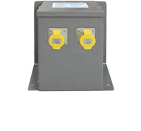 Electro-wind WM15002TR 1.5kVA wall transformer with 2x16A yellow sockets, front view.