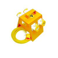 Electro-wind 4WJBC 110V metal splitter box with 4 outlets and attached yellow extension cord.