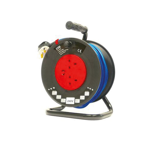 230V 25m Extension Reel - Twin Socket Heavy Duty, Site Strength Cable Drum Dispenser