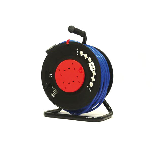 230V 50m Extension Reel - 4 x Sockets Heavy duty, Site Strength Cable Drum Dispenser
