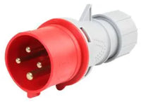 Electro-wind PL164154P Red 16A 415V IP44 4Pin Plug, angled right with four metal prongs.