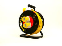 Electro-wind CRP25110 25m 110V yellow reel with twin sockets and handle, on white background.