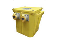Electro-wind AP50TC 5kVA isolation transformer with twin sockets, yellow case, on white background.