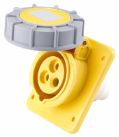 The electro-wind PM32110IP67 is a 32A 110V IP67 3 Pin yellow panel socket with gray hinged cover.