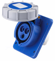 Electro-wind PM32240IP67 32A 240V IP67 3-pin blue panel socket with grey, part-open cover.