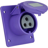 Electro-wind PM16243, 16A 24V panel socket, IP44, 3 pin, with flip cover on square plate.