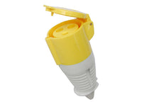 Electro-wind TS32110 32A 110V IP44 3 Pin socket with hinged cover shown open.