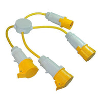 Electro-wind WAD16-110 110V 16A 3-way power splitter with yellow cables and trailing sockets.