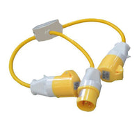 Electro-wind YAD16-110 2-way 110V power splitter adapter, 16A, with white/yellow connectors.