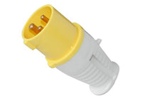 Electro-wind PL16110 16A 110V IP44 3 pin plug, yellow/white, CE certified, angled view.