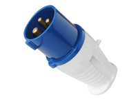 Electro-wind PL16240 16A 240V IP44 3 pin plug, blue/white, angled, on white background.