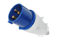 Electro-wind PL32240 32A 240V IP44 3 pin plug with brass pins, blue/white, on white background.