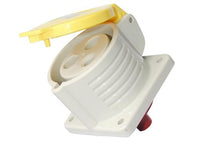 Electro-wind PM32110 32A 110V IP44 panel mount socket with yellow flip-up cover shown in close-up.