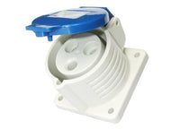Electro-wind PM32240 32A 240V IP44 3 pin panel mount socket with blue cover on square base.